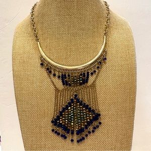 Gold tone curved bar beaded fringe bib necklaces/ blue, green & gold glass beads